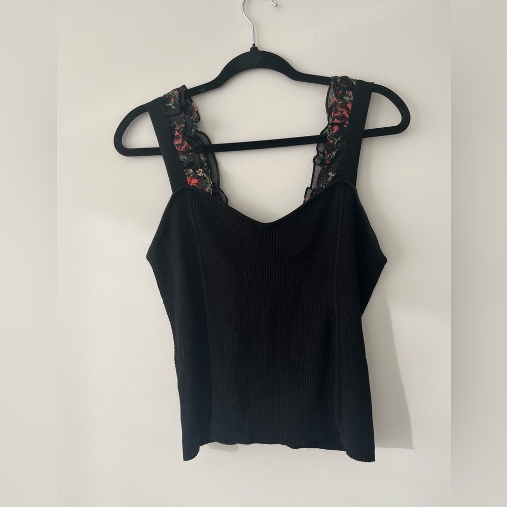 ✨ Maeve Anthropologie Ribbed Floral Ruffle Strap Tank Top | Size L